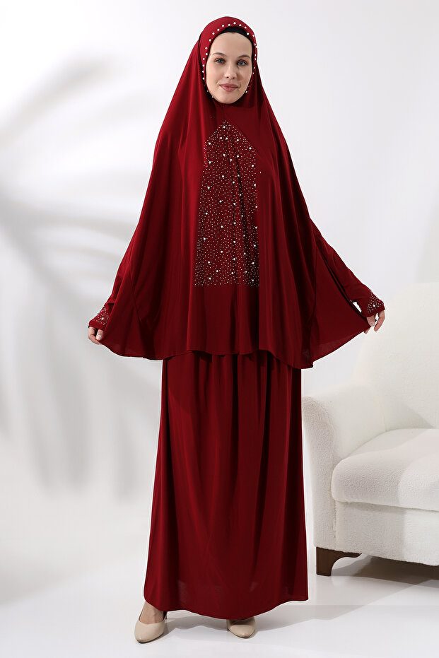 Two Pieces Pearls Jewelled Lower Top Practical Prayer Dress 8017 Claret Red