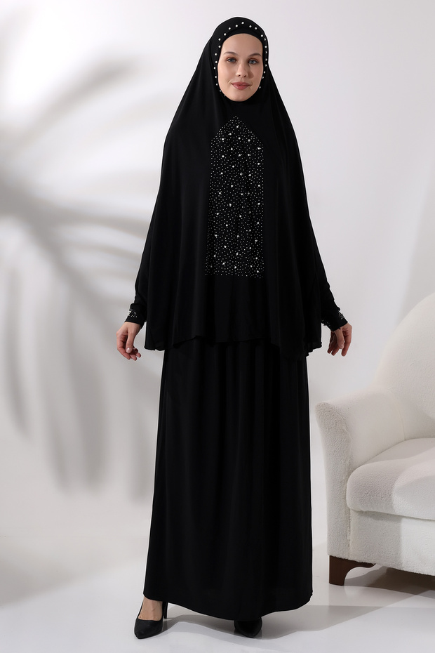 Two Pieces Pearls Jewelled Lower Top Practical Prayer Dress 8017 Black
