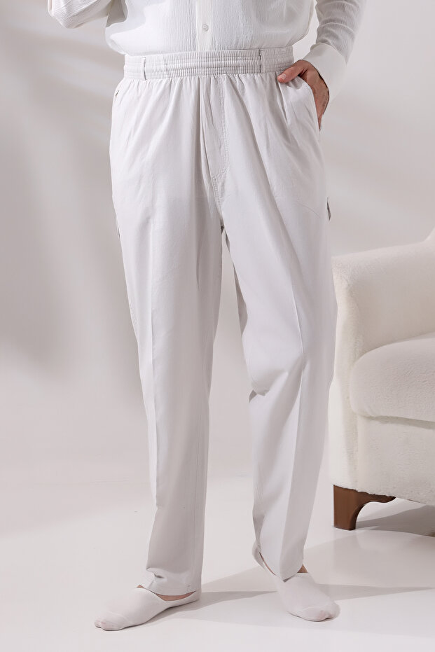 Men's Light Cream Side Pocket Relaxed Cut Elastic Waist Cargo Hajj and Umrah Shalwar Trousers
