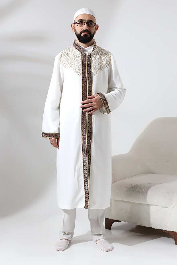 White Judge Collar Men's Prayer Dress Claret Red Stripe Embroidery Embroidered İmam Cube