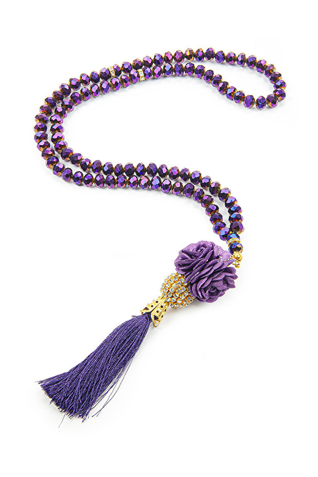 Rose Tassel Detailed Crystal Looking 99 Pieces Hajj Umrah Gift Prayer Beads Purple