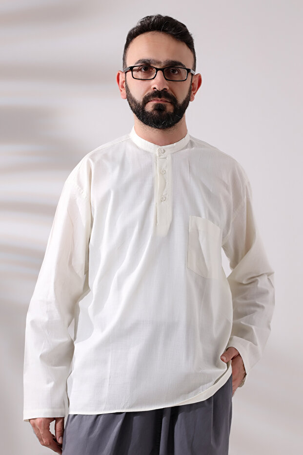 Cream Men's Relaxed Fit 3-Button Judge Collar Hajj and Umrah Linen Shirt
