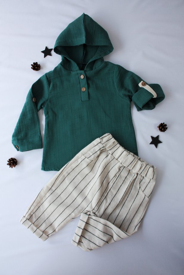 100% Cotton Linen Muslin Foldable Sleeves Hooded Jogger Bottom 6-24 Months Baby Boy Child Suit