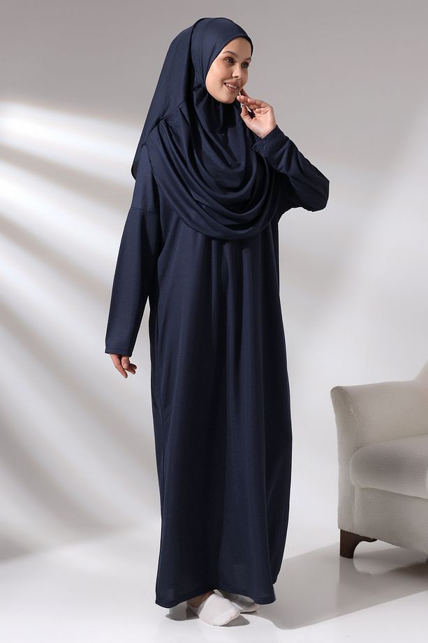 Lacivert Tek Parça Çantalı Namaz Elbisesi - 5