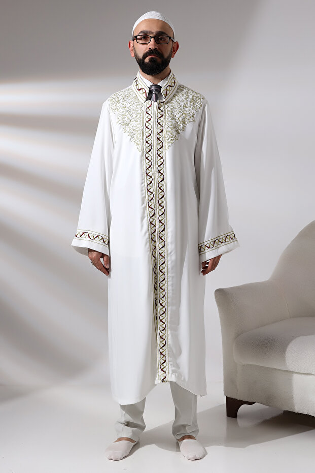 White Hakim Collar Embroidered Men's Prayer Robe Imam Cibah