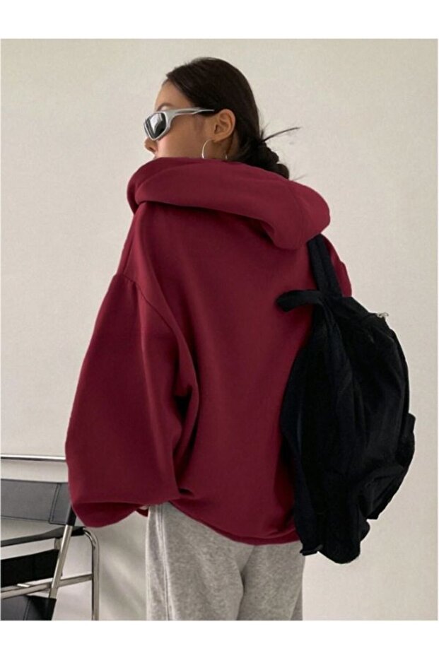 Fermuarlı Oversize Kapüşonlu Sweatshirt - 3