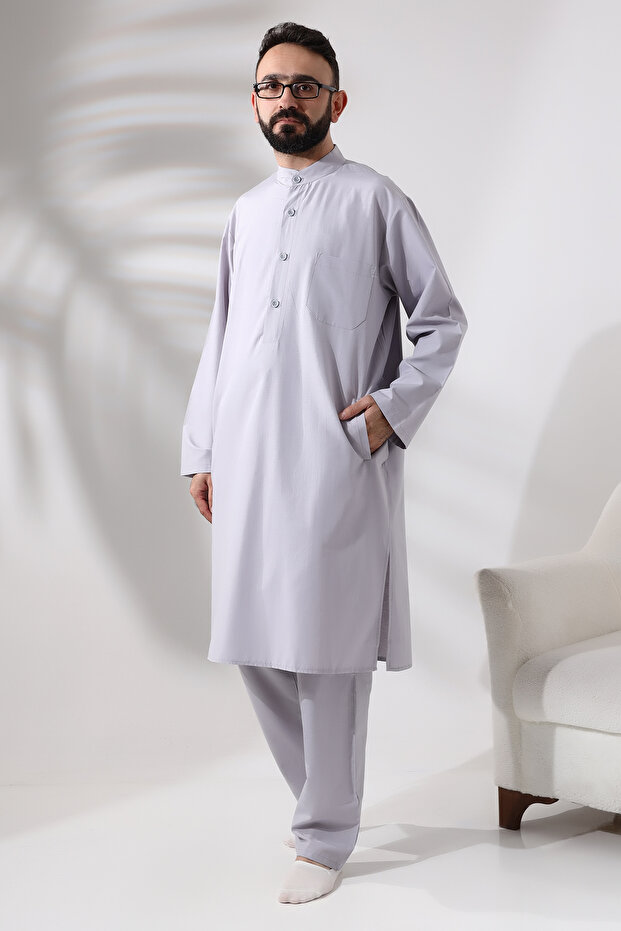 Men's Hajj and Umrah Clothes Double Bottom Top Afghan Suit Gray