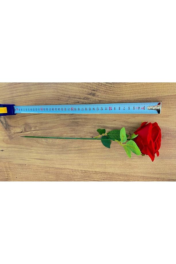 Yapay Kadife 1 Adet Kırmızı Gül 40cm Cansız Tek Dal Yapraklı Çiçek - 4