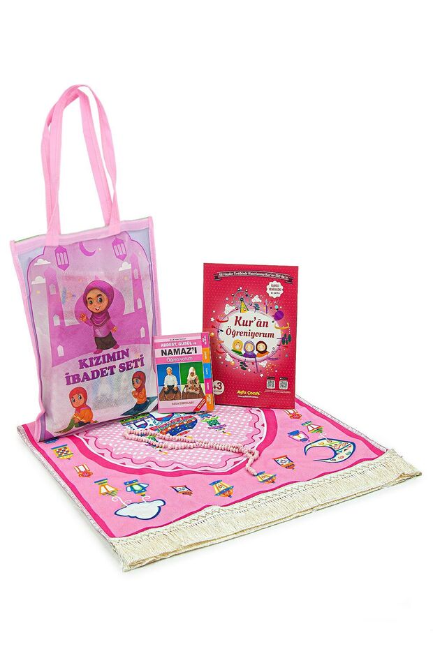 Quran Course with Bag, Elif Ba Book, Children's Prayer Rug, Worship Set, Pink