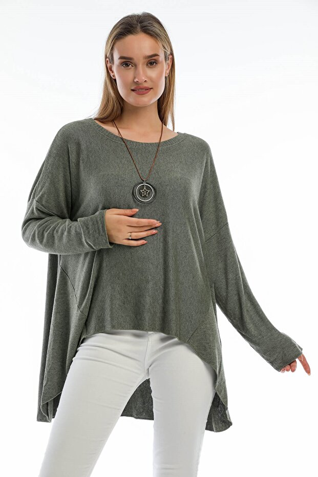 Women's Italian Khaki Crew Neck Loose Oversized Knit Blouse Tunic Sweater