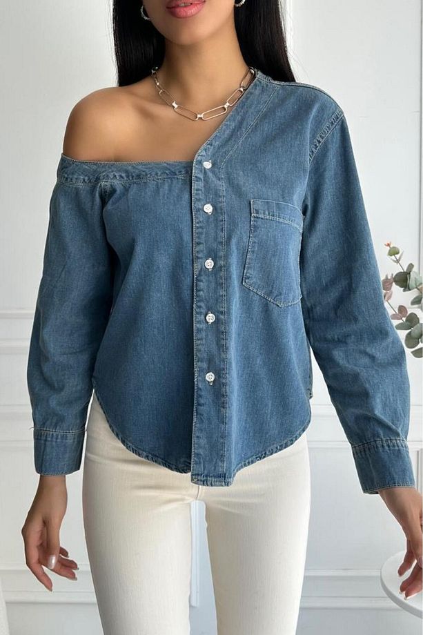 Kadın Regular Tek Omuz Denim Mavi Gömlek - 4