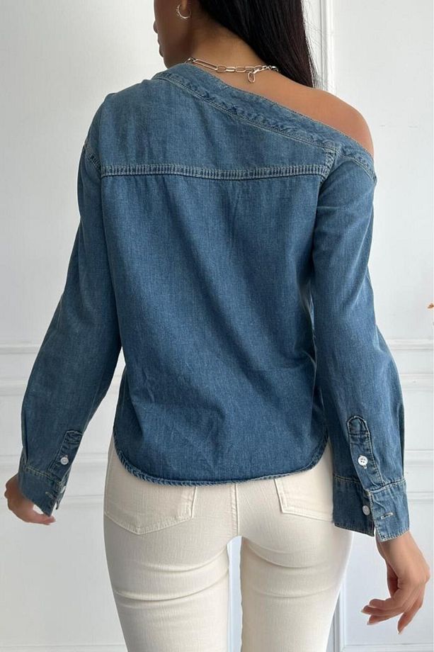 Kadın Regular Tek Omuz Denim Mavi Gömlek - 2
