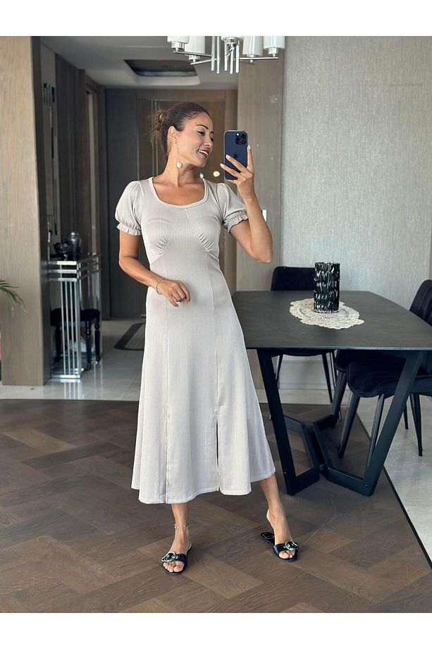 Vizon Fitilli Örme Kumaş Prenses Kol Yırtmaçlı Kadın Elbise - 5