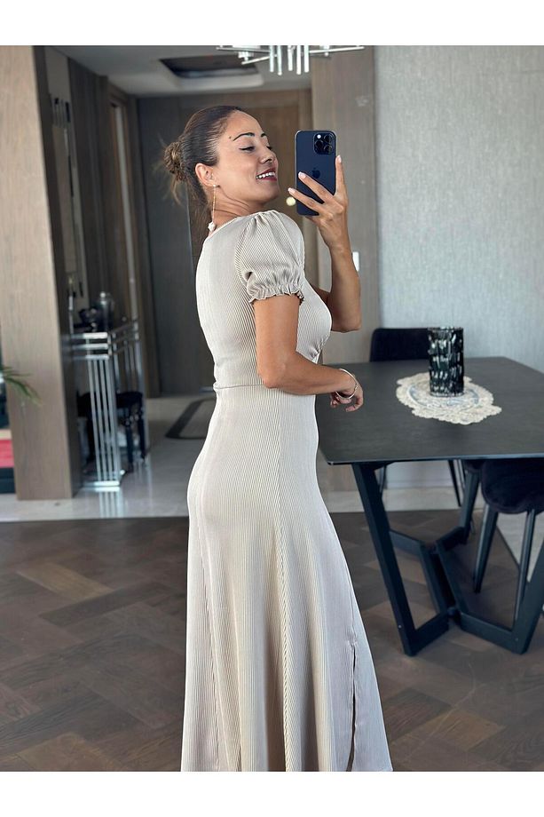Vizon Fitilli Örme Kumaş Prenses Kol Yırtmaçlı Kadın Elbise - 4