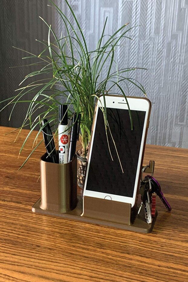 Desktop Pen Holder and Phone Stand - Gold Brown
