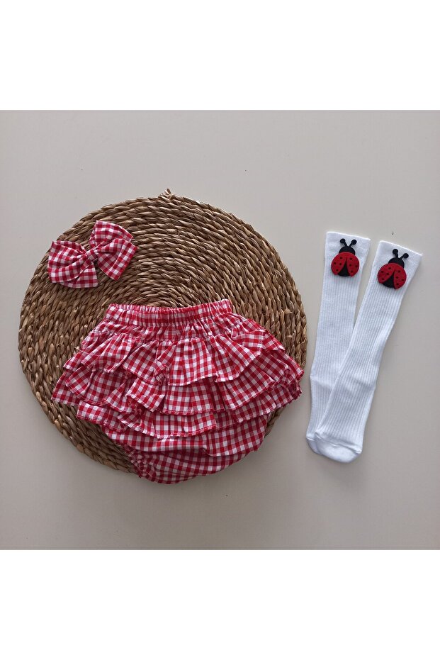 Kız Bebek Uğur Böceği Fırfır Şort Etek Bandana ve Çorap Takımı - 1