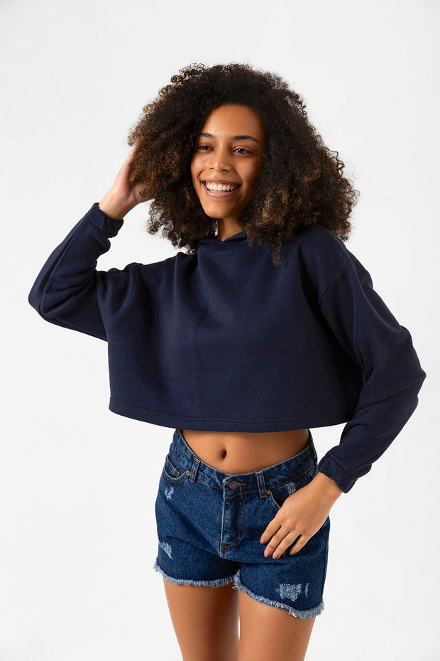 Basic Lacivert Kapüşonlu Crop Sweatshirt - 2