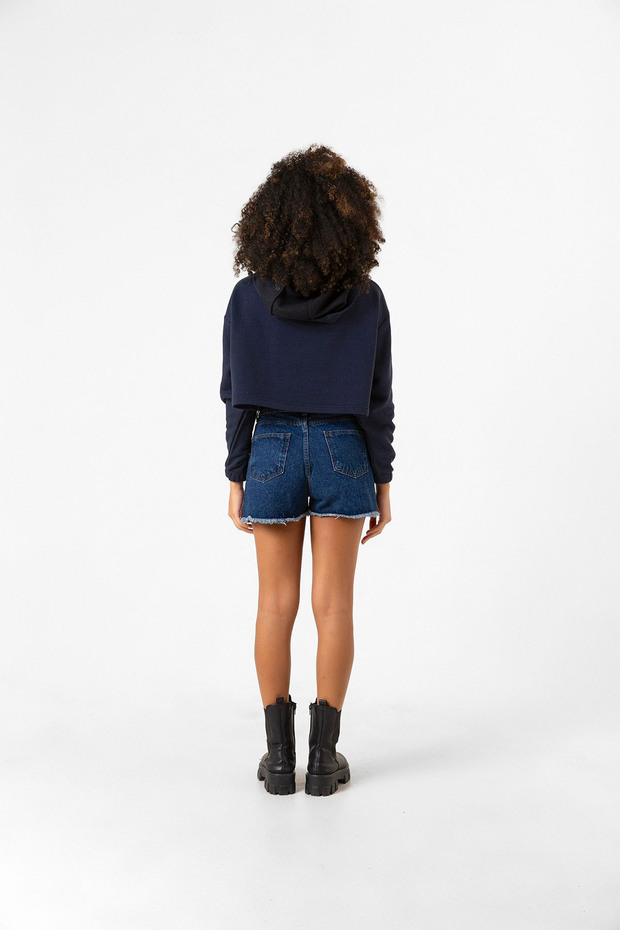 Basic Lacivert Kapüşonlu Crop Sweatshirt - 6