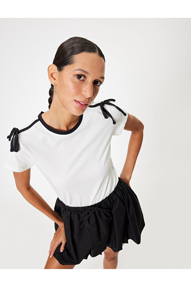 Bow Detail T-Shirt Crew Neck Short Sleeve Cotton