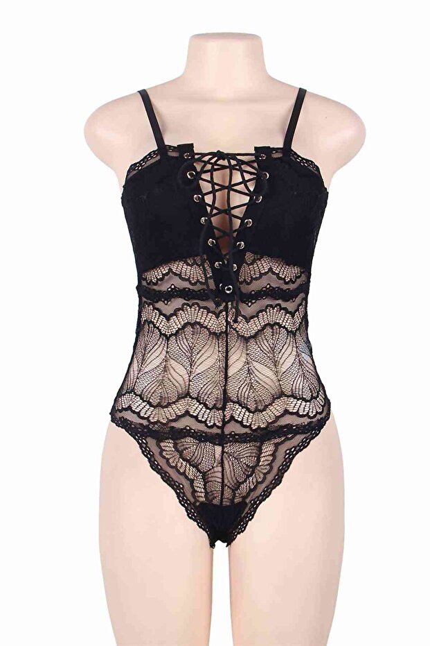 Koronkowa, haftowana, czarna koszula nocna - 8