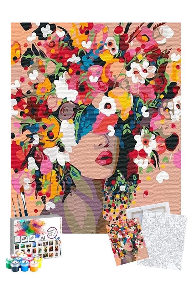 Sayılarla Boyama Seti 40 x 50 cm Tuval Şasesine Gerili Kadındaki Çiçekler - 1