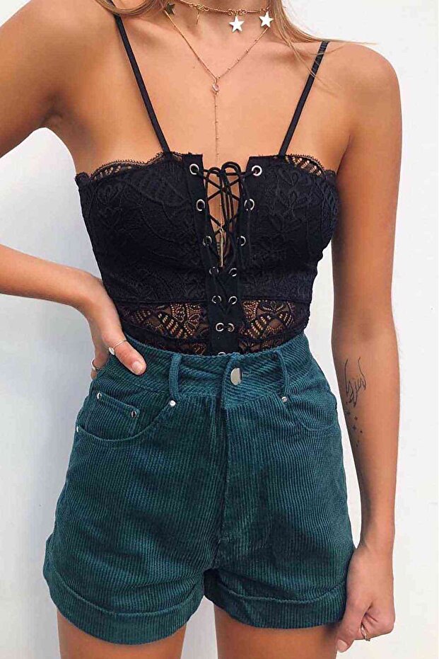 Koronkowa, haftowana, czarna koszula nocna - 2