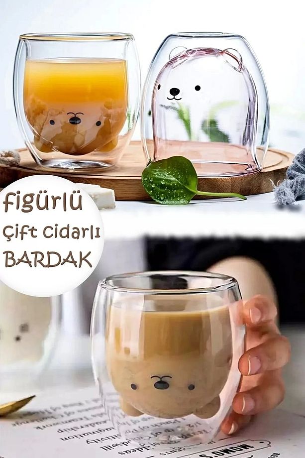 Çift Camlı Cidarlı Sevimli Kedicik Süt Çay Kahve Su Kupa Bardağı 250ml Ev Ofis - 1