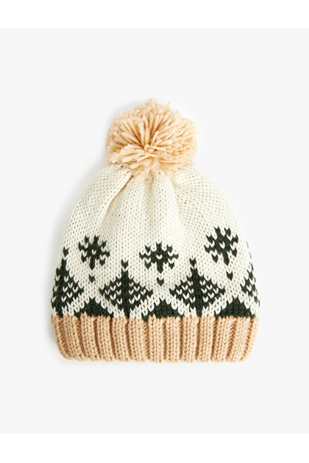 Knitted Beret Ethnic Patterned with Pompom Detail