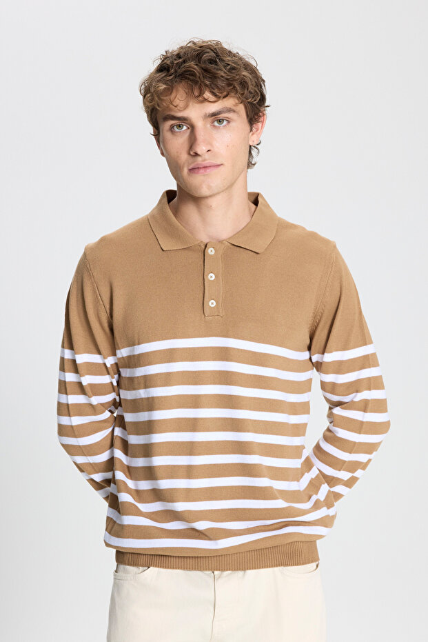 Men's VIZON-EKRU Standard Fit Regular Cut Polo Collar Striped Knitwear Sweater