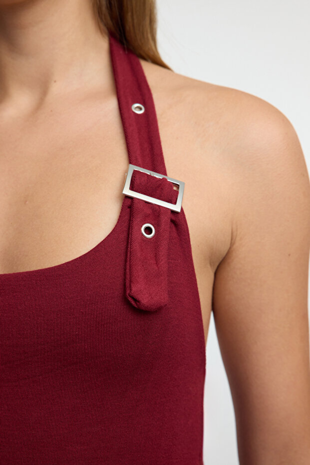 Bordo Boyundan Bağlamalı Kemer Detaylı Fitted/Vücuda Oturan Örme Bluz TWOSS24BZ00580 - 3