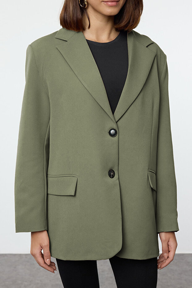 Açık Haki Oversize Dokuma Blazer Ceket TWOAW24BC00107 - 3