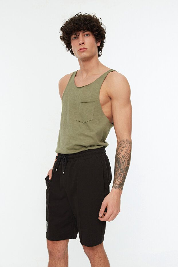 Siyah Regular/Normal Kesim Orta Boy Lastik Bel Bağcıklı Dikişli Baskılı Şort TMNSS21SR0212 - 3