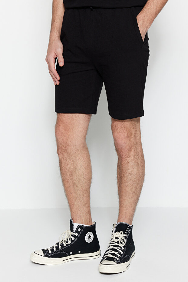 Siyah Regular %100 Pamuklu Dokulu Şort TMNSS23SR00035 - 8