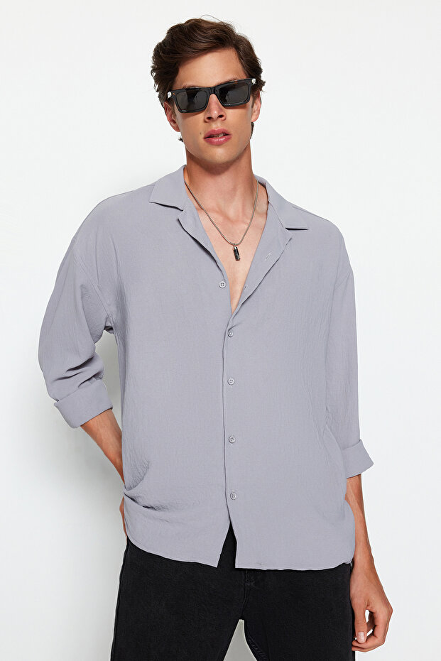 Gri Oversize Fit Apaş Yaka Yazlık Keten Görünümlü Gömlek TMNSS23GO00053 - 7