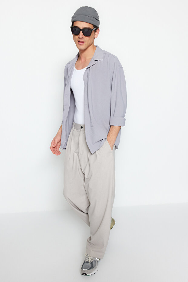 Gri Oversize Fit Apaş Yaka Yazlık Keten Görünümlü Gömlek TMNSS23GO00053 - 5