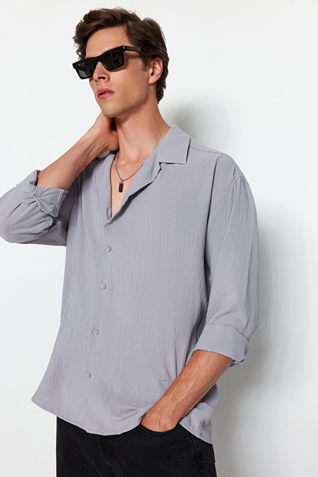 Gri Oversize Fit Apaş Yaka Yazlık Keten Görünümlü Gömlek TMNSS23GO00053 - 6