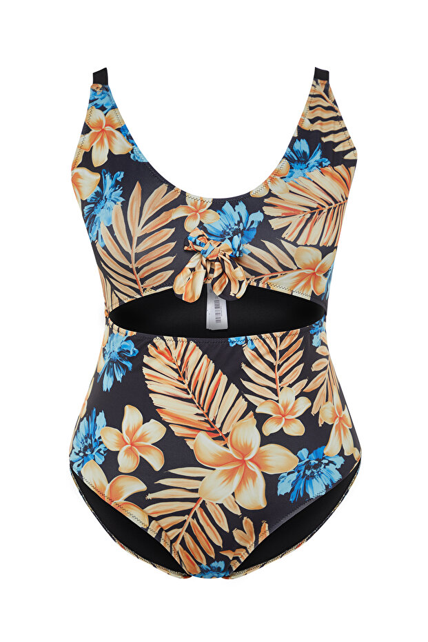 Mavi Derin V Cut Out Bağlama Detaylı Floral Desenli Büyük Beden Mayo TBBSS23AM00008 - 7