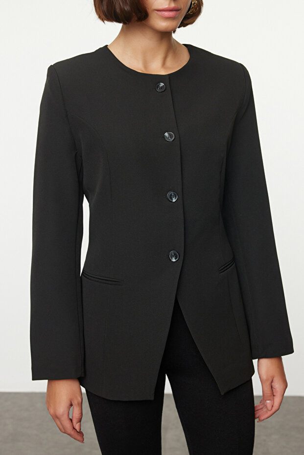 Siyah Yuvarlak / Bisiklet Yakalı Fitted Bele Oturan Dokuma Blazer Ceket TWOAW25BC00009 - 4