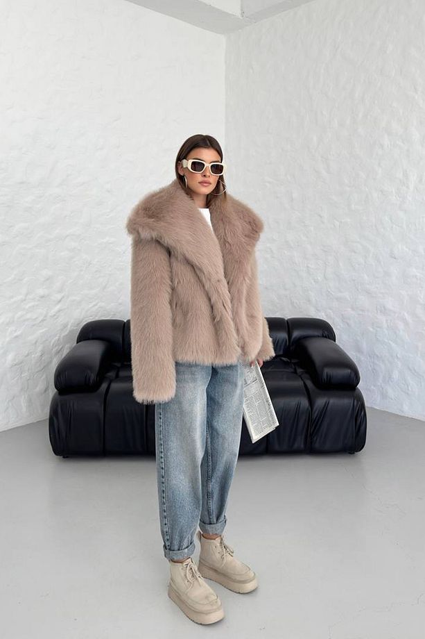 kadın camel oversize çıtçıtlı ithal kürk mont NBG037 - 5