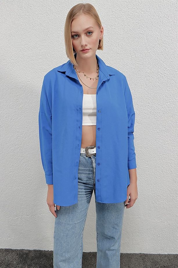 Kadın Mavi Oversize Uzun Basic Gömlek Hzl22w-bd139001 - 3
