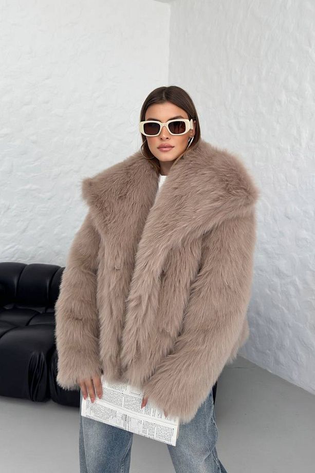 kadın camel oversize çıtçıtlı ithal kürk mont NBG037 - 6