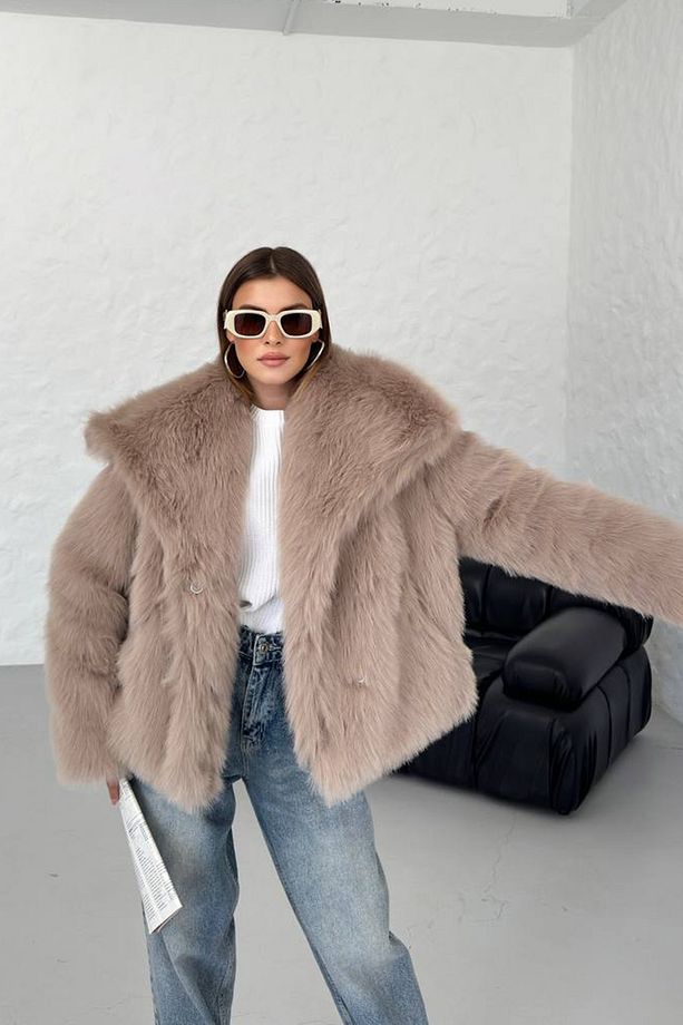 kadın camel oversize çıtçıtlı ithal kürk mont NBG037 - 7