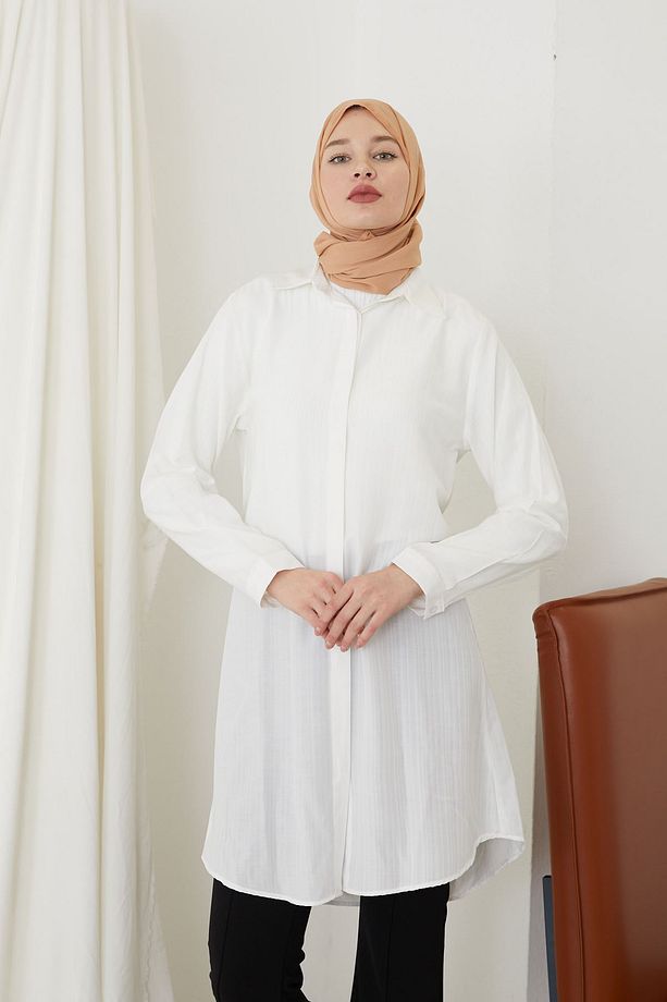 Gizli Patlı Uzun Tunik-ekru - 1