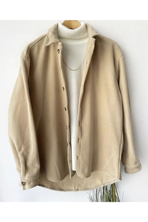 Men's Beige Oversize Thick Winter Fleece Shirt