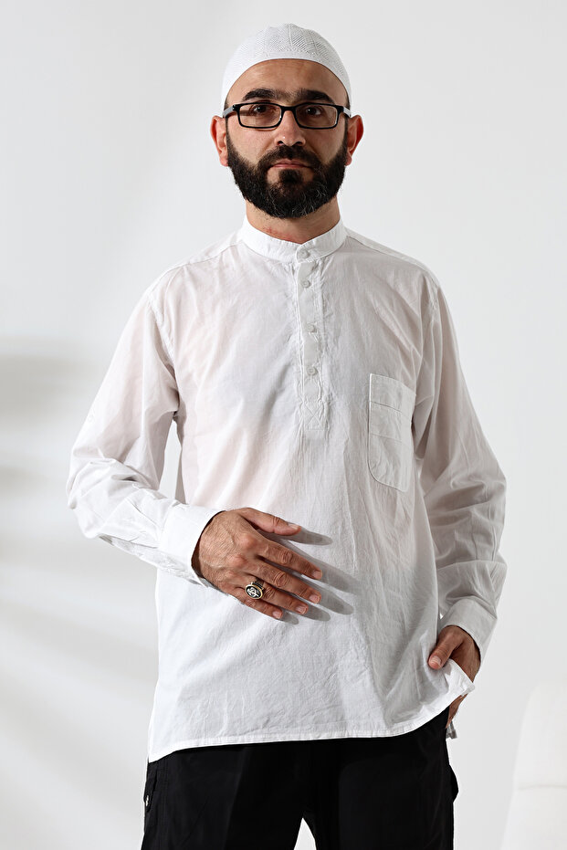 Men's 100% Cotton Voile Relaxed Fit Judge Collar Half Placket White Hajj Umrah Shirt