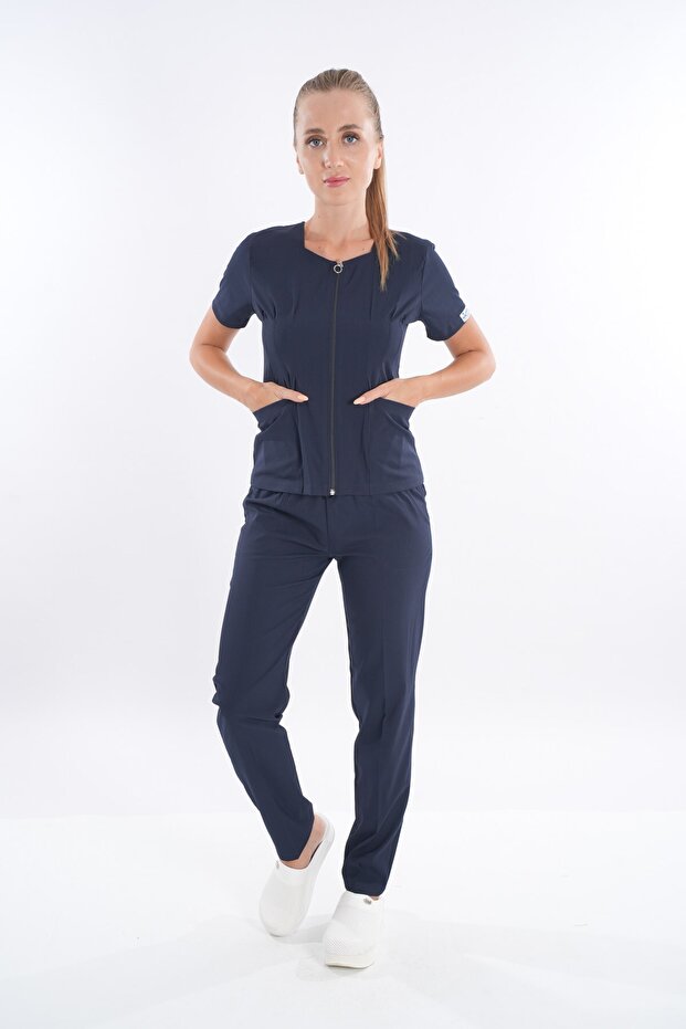 Navy Blue Lily Model Zippered Soft Lycra Doctor, Nurse Surgical Uniform Set