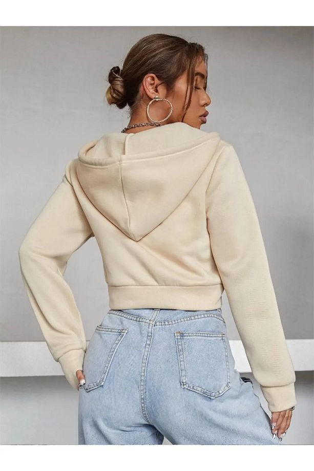 Kadın Bej Kapüşonlu Fermuarlı Oversize 3 Iplik Şardonlu Kalın Crop Hırka - 3