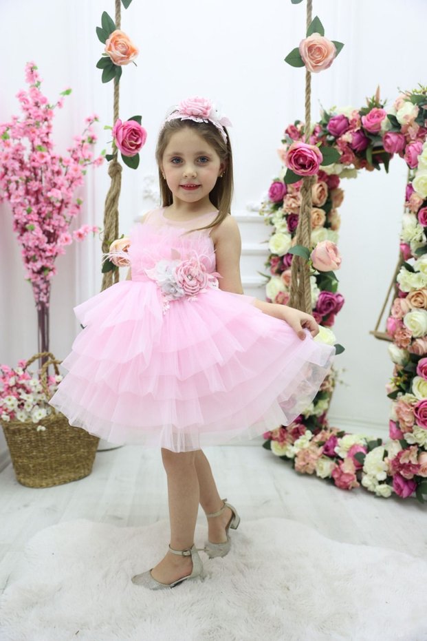 Flower-Detail Short Tulle Skirt for Girls, Evening Dress with Accessories as a Gift