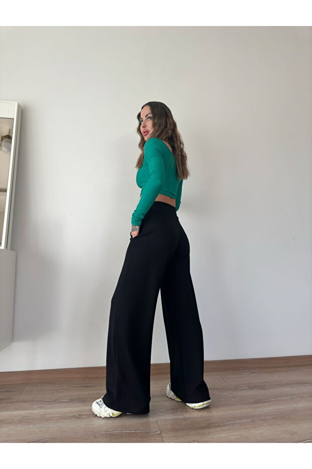 Green Square Collar Long Sleeve Corset Look Ribbed Crop Blouse