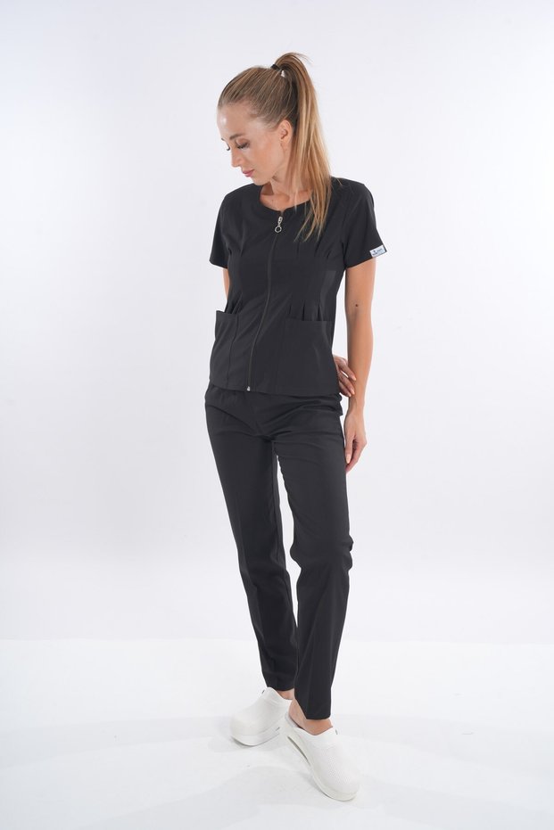 Black Color Lily Model Zippered Soft Lycra Doctor, Nurse Surgical Uniform Set